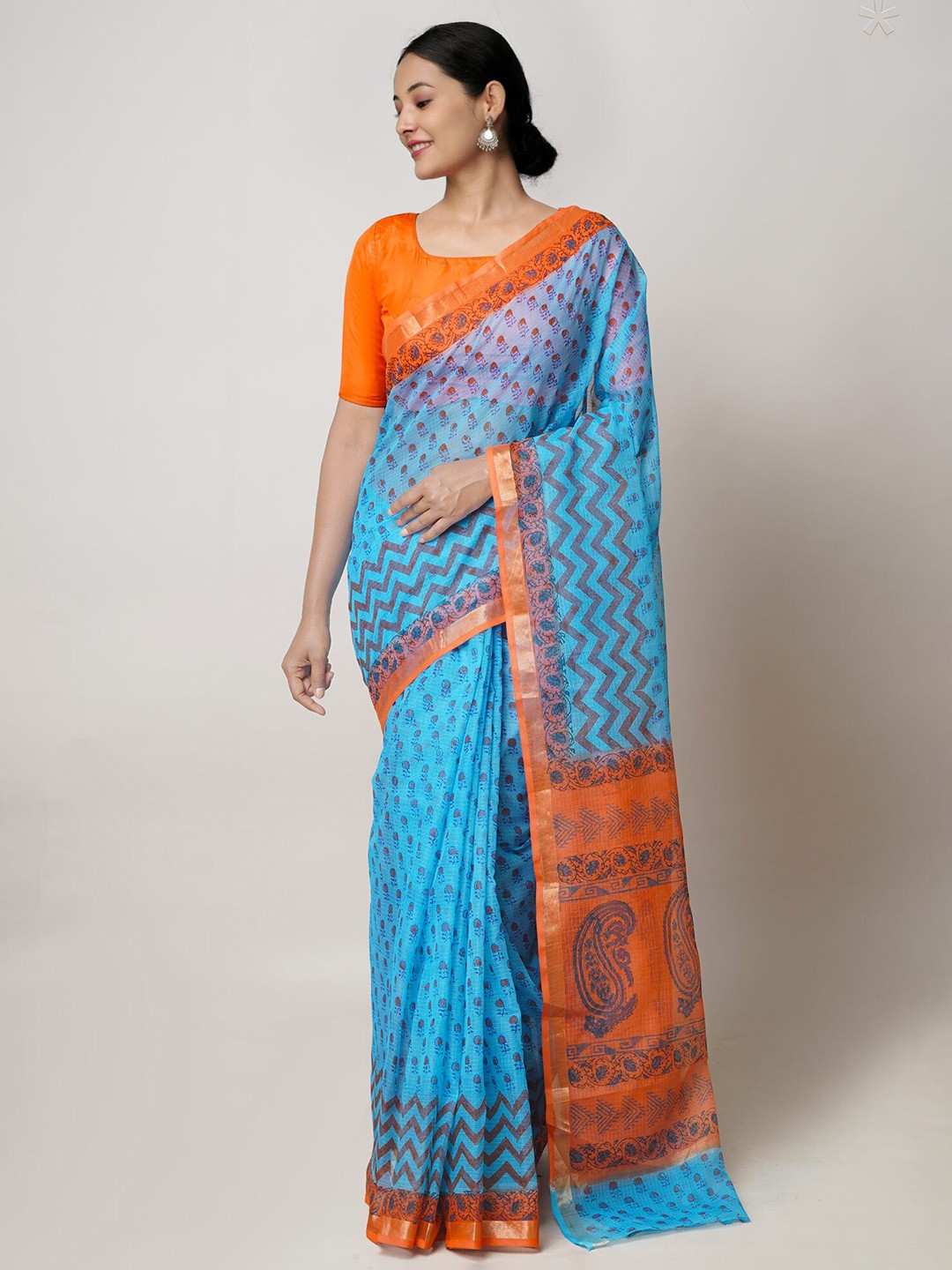 

Unnati Silks Ethnic Motifs Printed Zari Pure Cotton Kota Saree, Blue