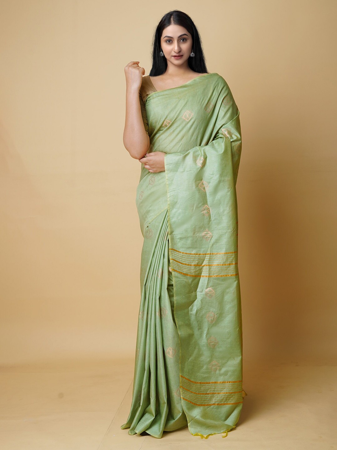 

Unnati Silks Ethnic Motifs Woven Design Zari Silk Cotton Chanderi Saree, Green