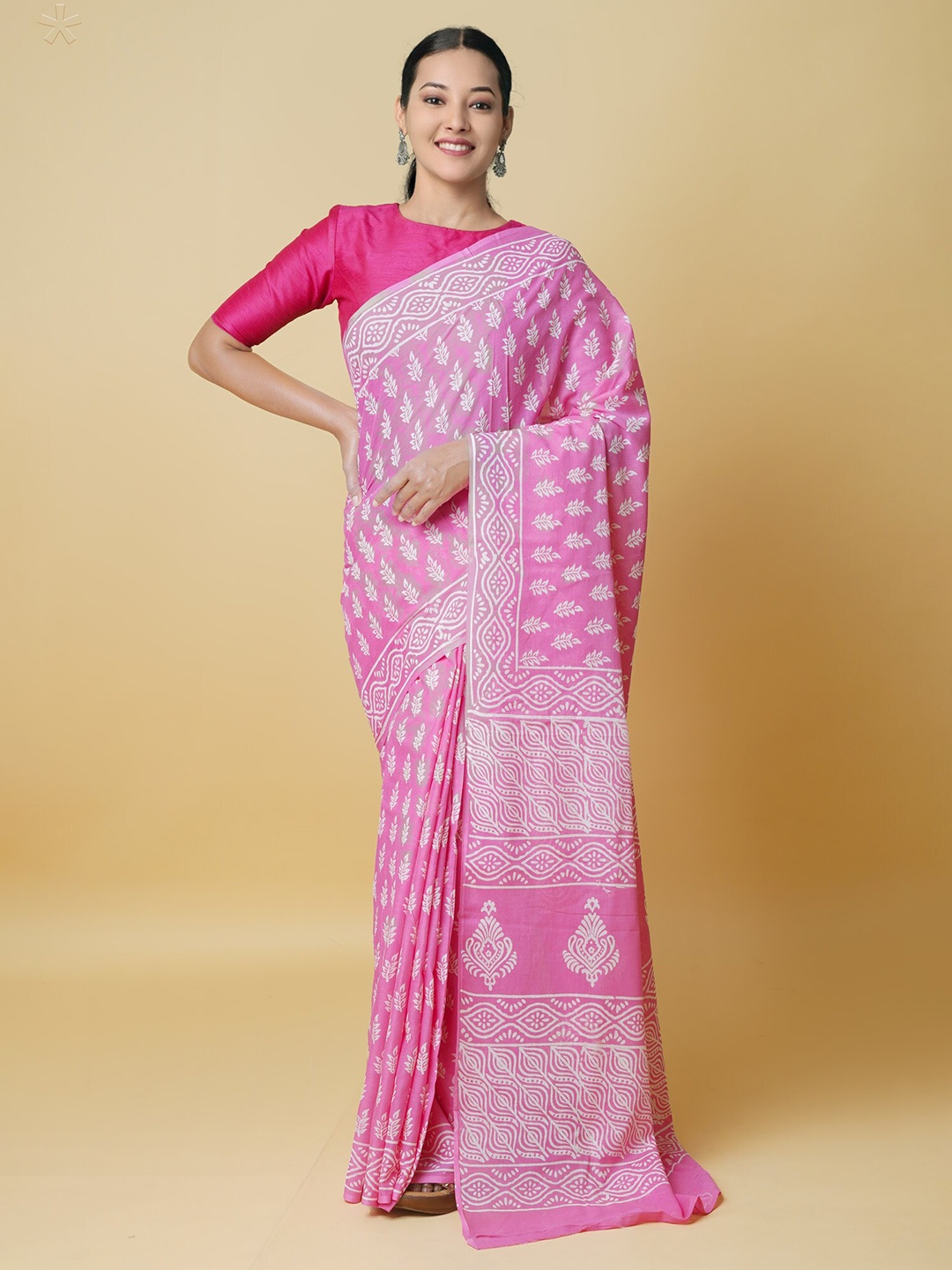 

Unnati Silks Ethnic Motifs Block Printed Mulmul Pure Cotton Saree, Pink