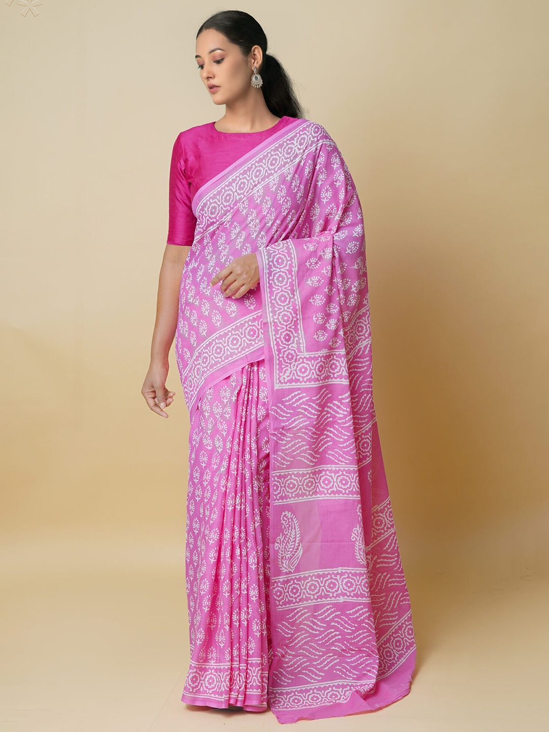 

Unnati Silks Ethnic Motifs Printed Pure Cotton Handloom Block Print Saree, Pink