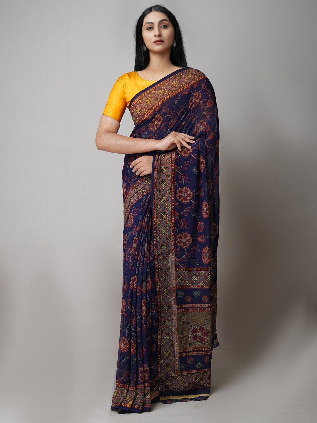 

Unnati Silks Ethnic Motifs Handloom Block Print Saree, Navy blue