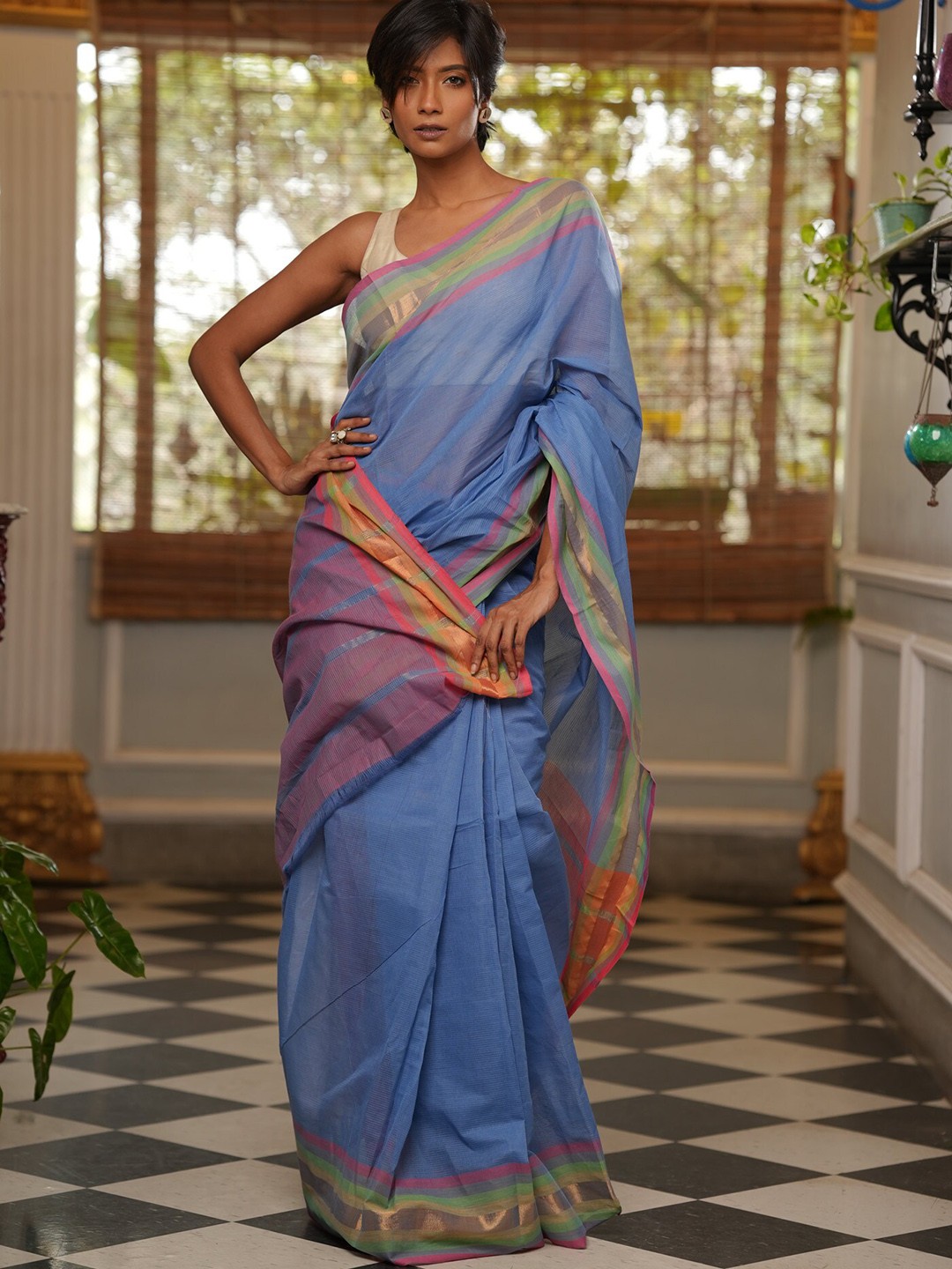 

Unnati Silks Striped Zari Pure Cotton Handloom Mangalagiri Saree, Blue