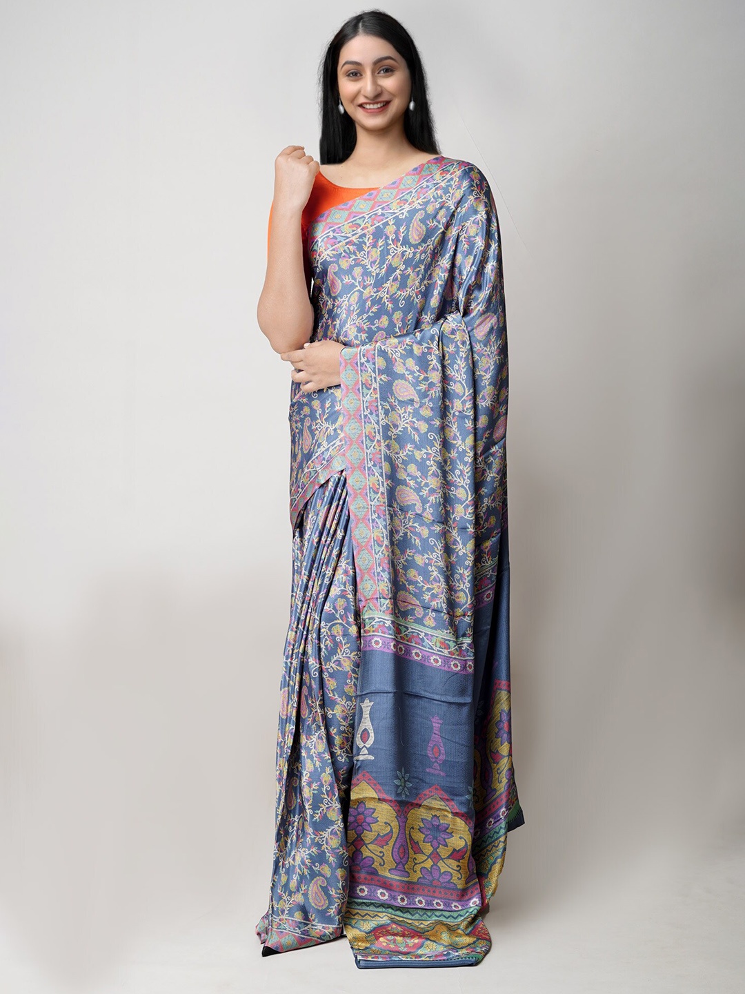 

Unnati Silks Ethnic Motifs Block Printed Silk Blend Saree, Blue
