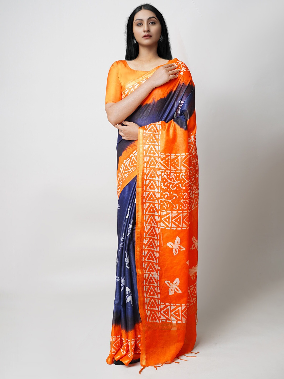 

Unnati Silks Batik Printed Zari Silk Cotton Chanderi Saree, Blue