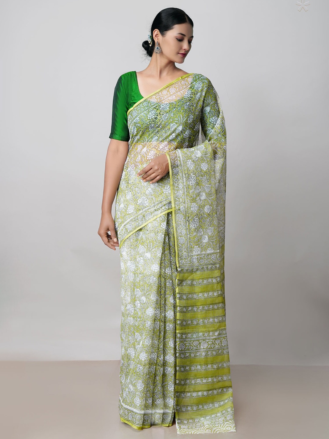 

Unnati Silks Floral Printed Pure Cotton Kota Saree, Green