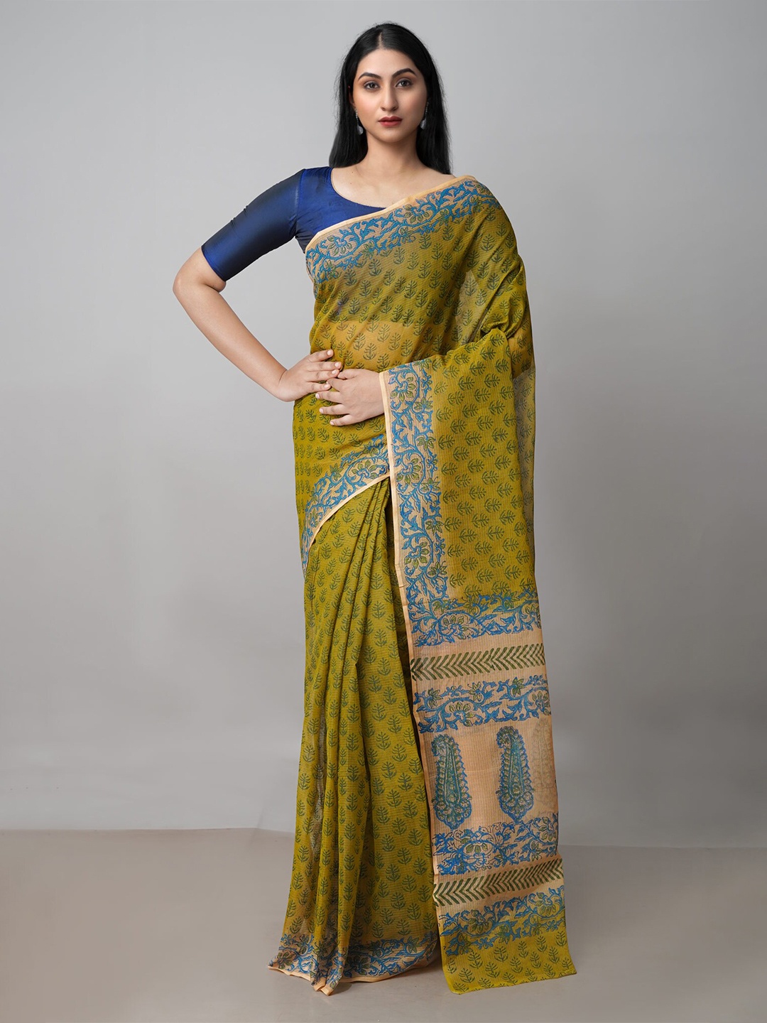 

Unnati Silks Ethnic Motifs Printed Pure Cotton Handloom Kota Saree, Green