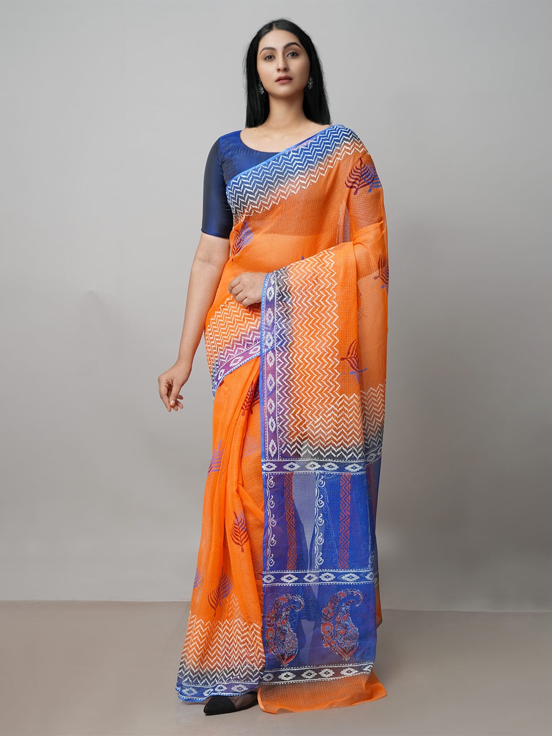 

Unnati Silks Ethnic Motifs Printed Pure Cotton Handloom Kota Saree, Orange