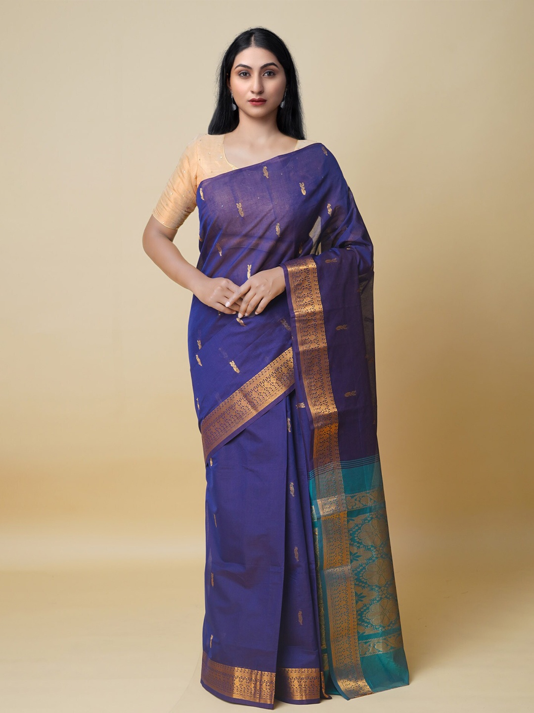 

Unnati Silks Ethnic Motifs Woven Design Zari Pure Cotton Handloom Gadwal Saree, Navy blue