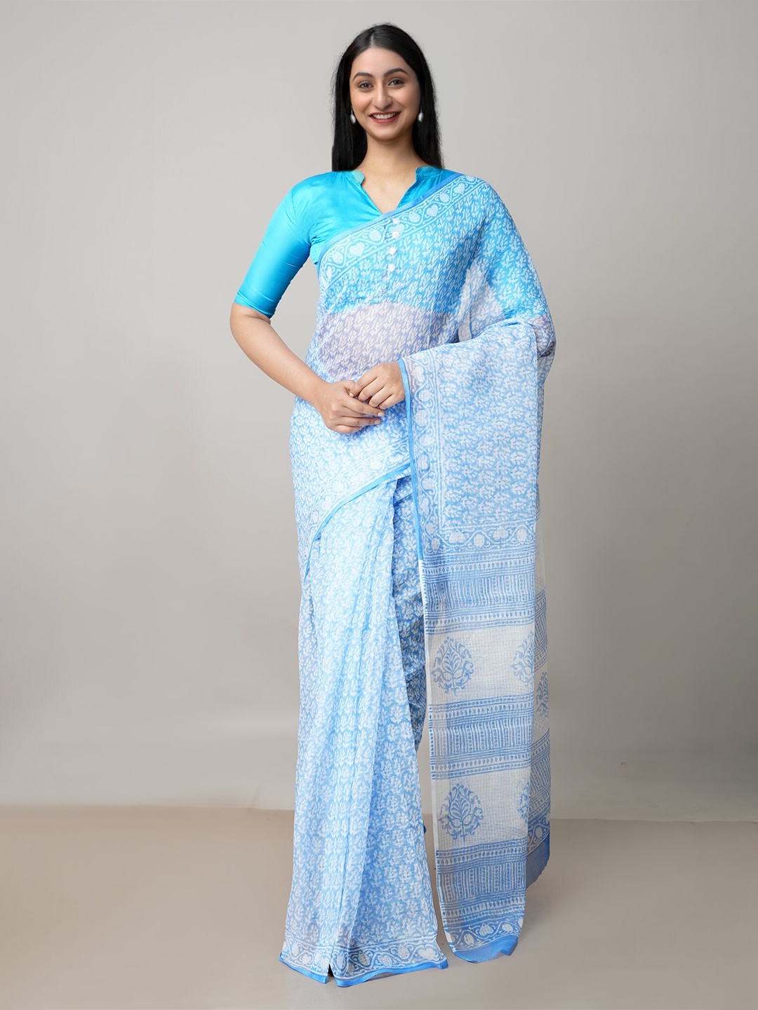 

Unnati Silks Floral Printed Pure Cotton Kota Saree, Blue