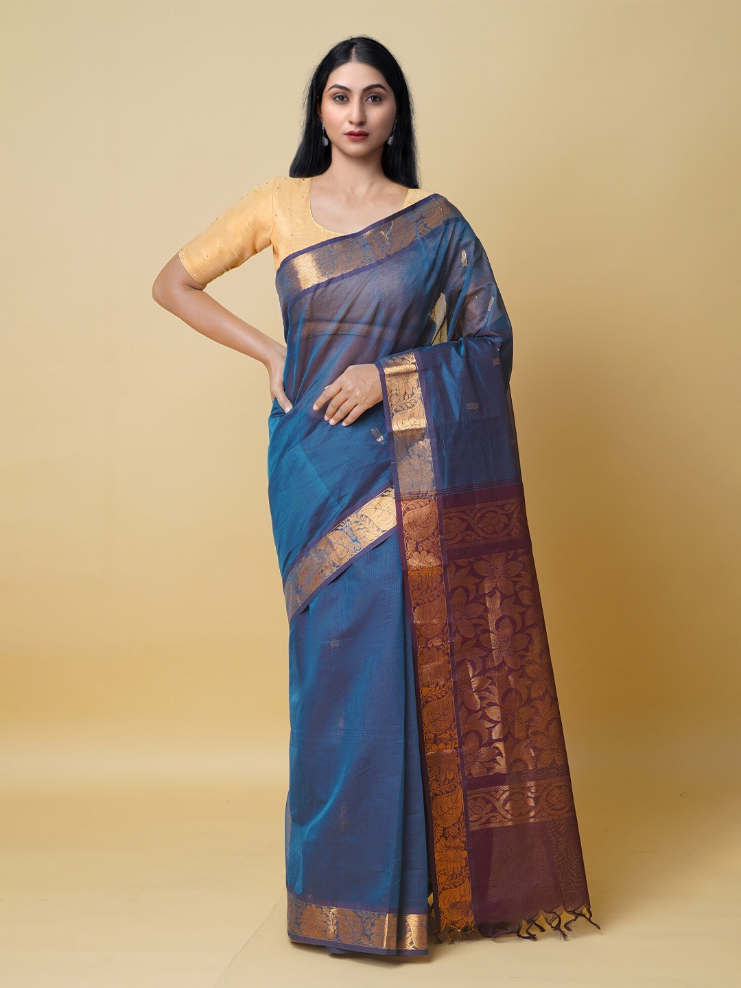 

Unnati Silks Ethnic Motifs Woven Design Zari Silk Cotton Gadwal Sico Saree, Blue