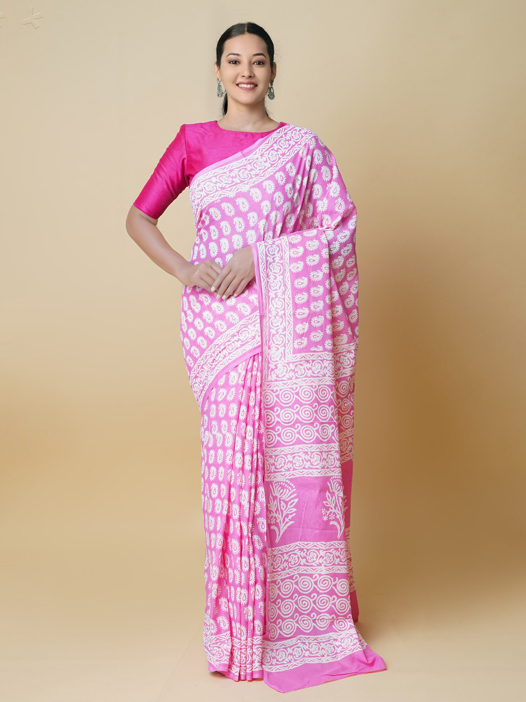 

Unnati Silks Ethnic Motifs Pure Cotton Handloom Block Print Saree, Pink