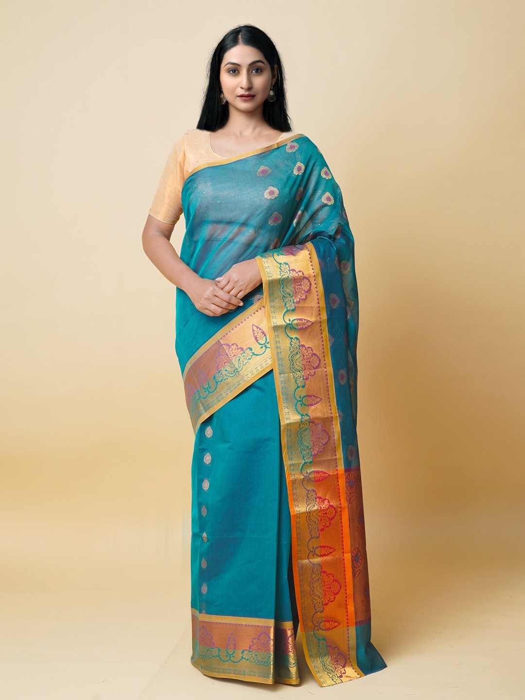

Unnati Silks Ethnic Motifs Woven Design Zari Pure Cotton Gadwal Saree, Green