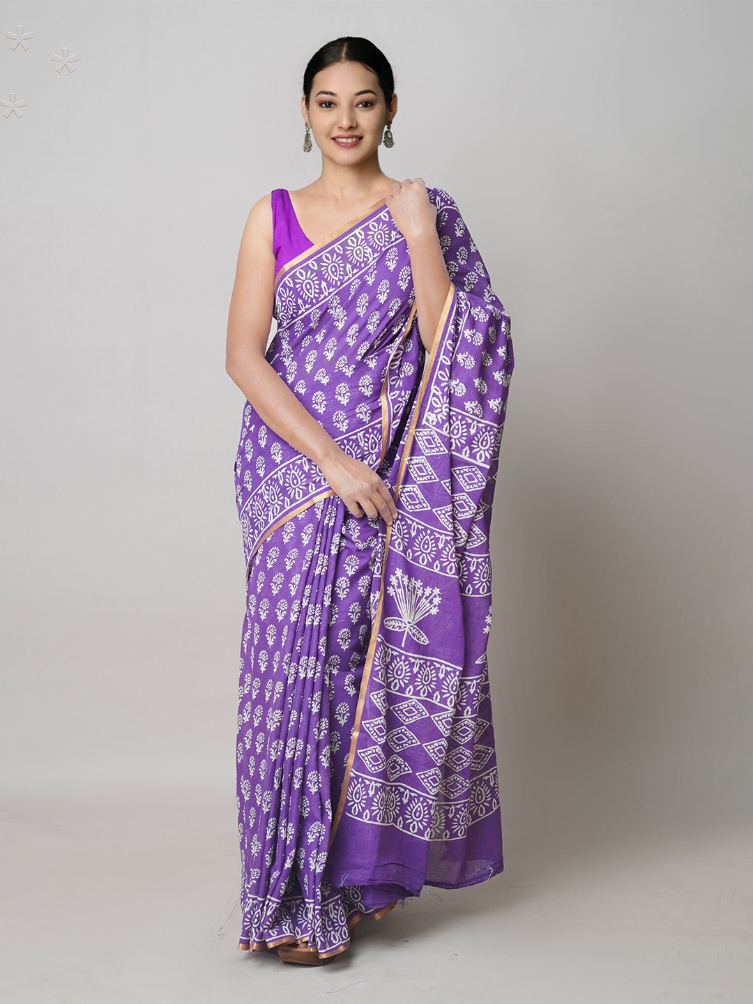 

Unnati Silks Ethnic Motifs Block Printed Mulmul Pure Cotton Saree, Violet