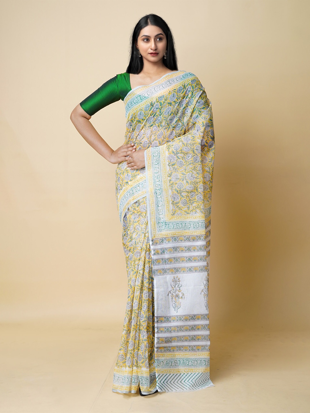 

Unnati Silks Ethnic Motifs Pure Cotton Handloom Kota Saree, Yellow
