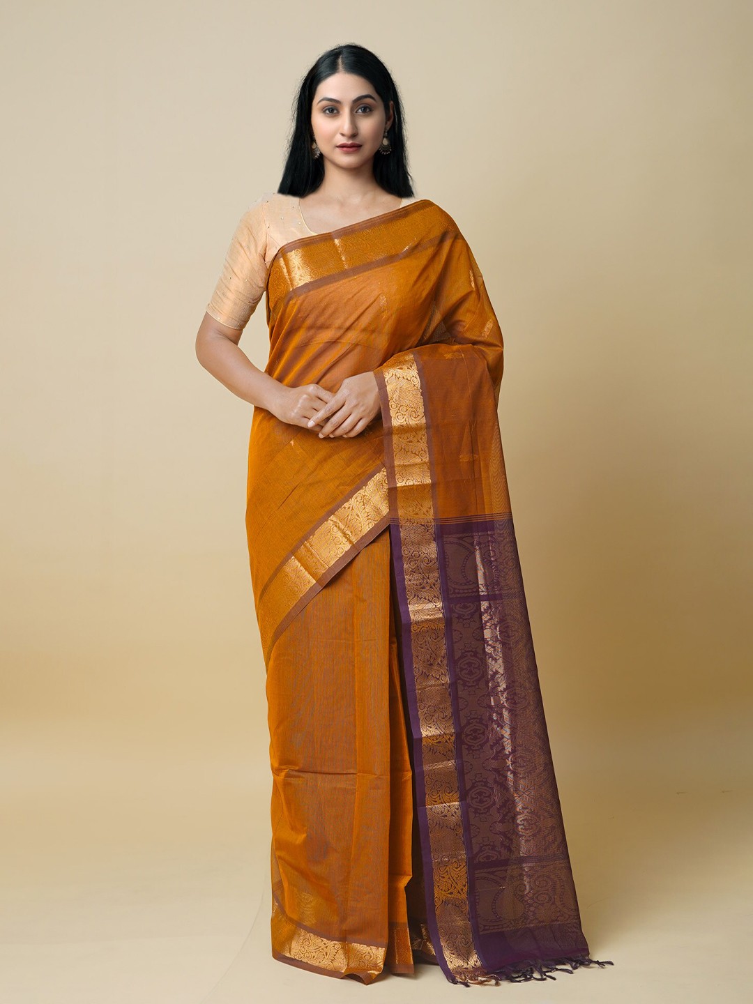 

Unnati Silks Ethnic Motifs Zari Silk Cotton Gadwal Saree, Brown