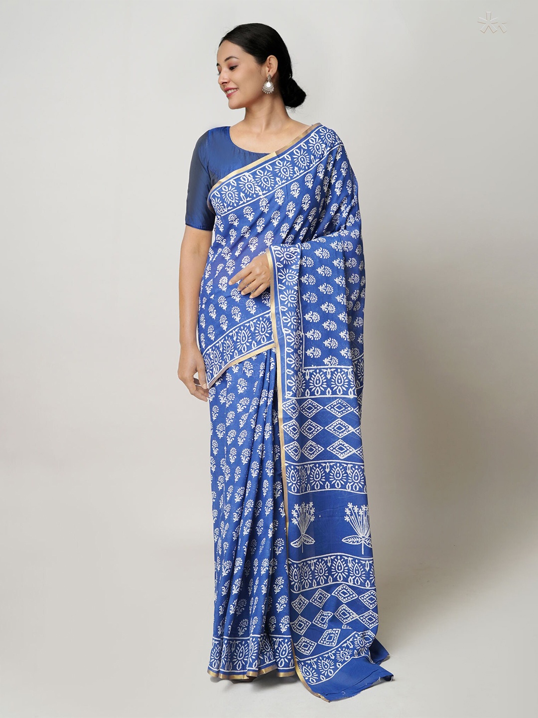 

Unnati Silks Floral Printed Zari Pure Cotton Block Print Saree, Blue