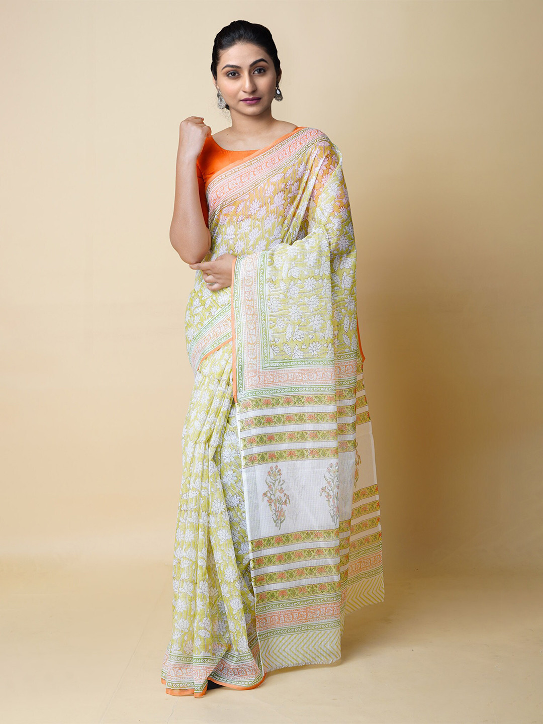 

Unnati Silks Ethnic Motifs Printed Pure Cotton Handloom Kota Saree, Green