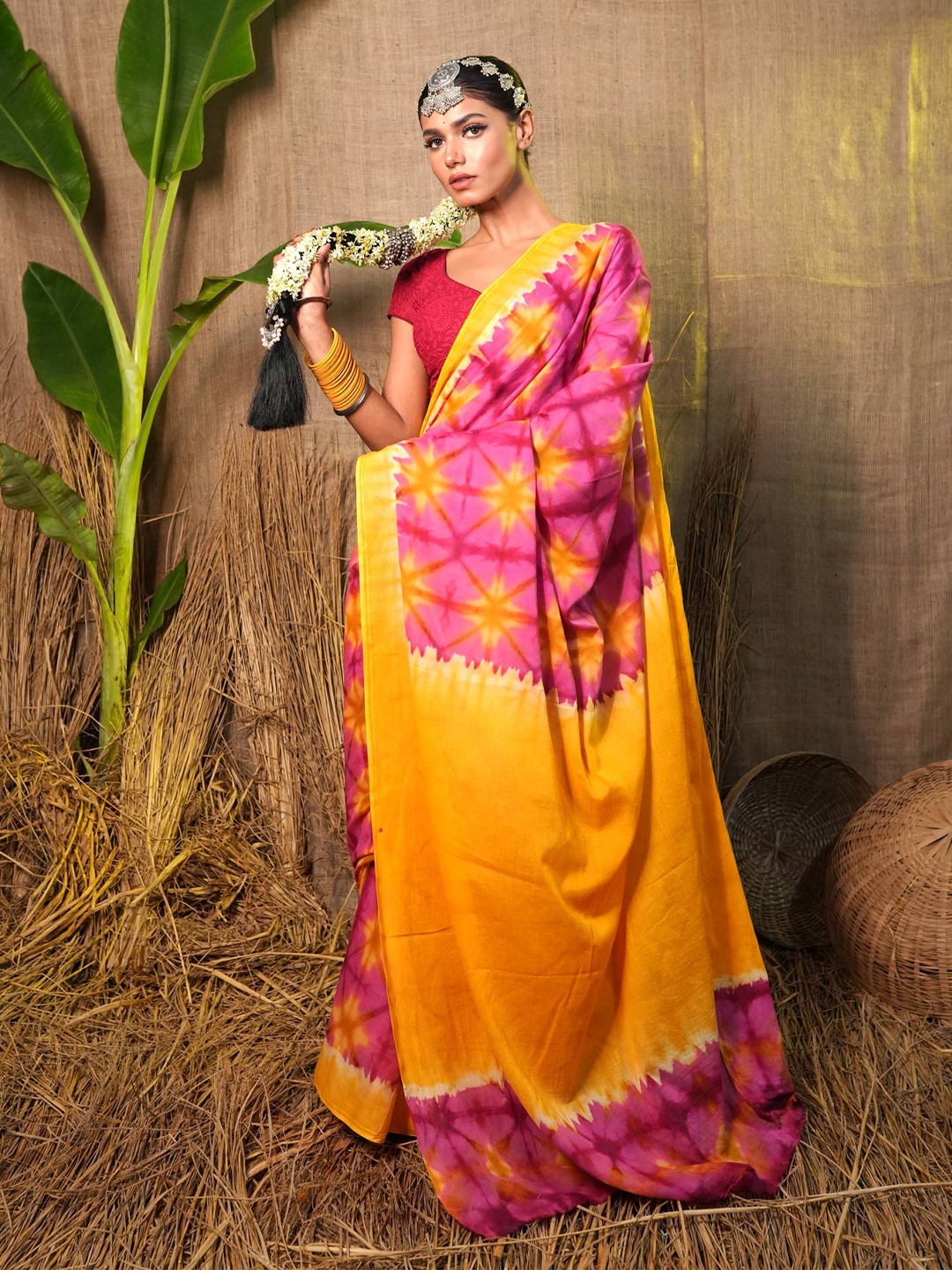 

Unnati Silks Pink & Yellow Shibori Printed Pure Cotton Handloom Leheriya Saree