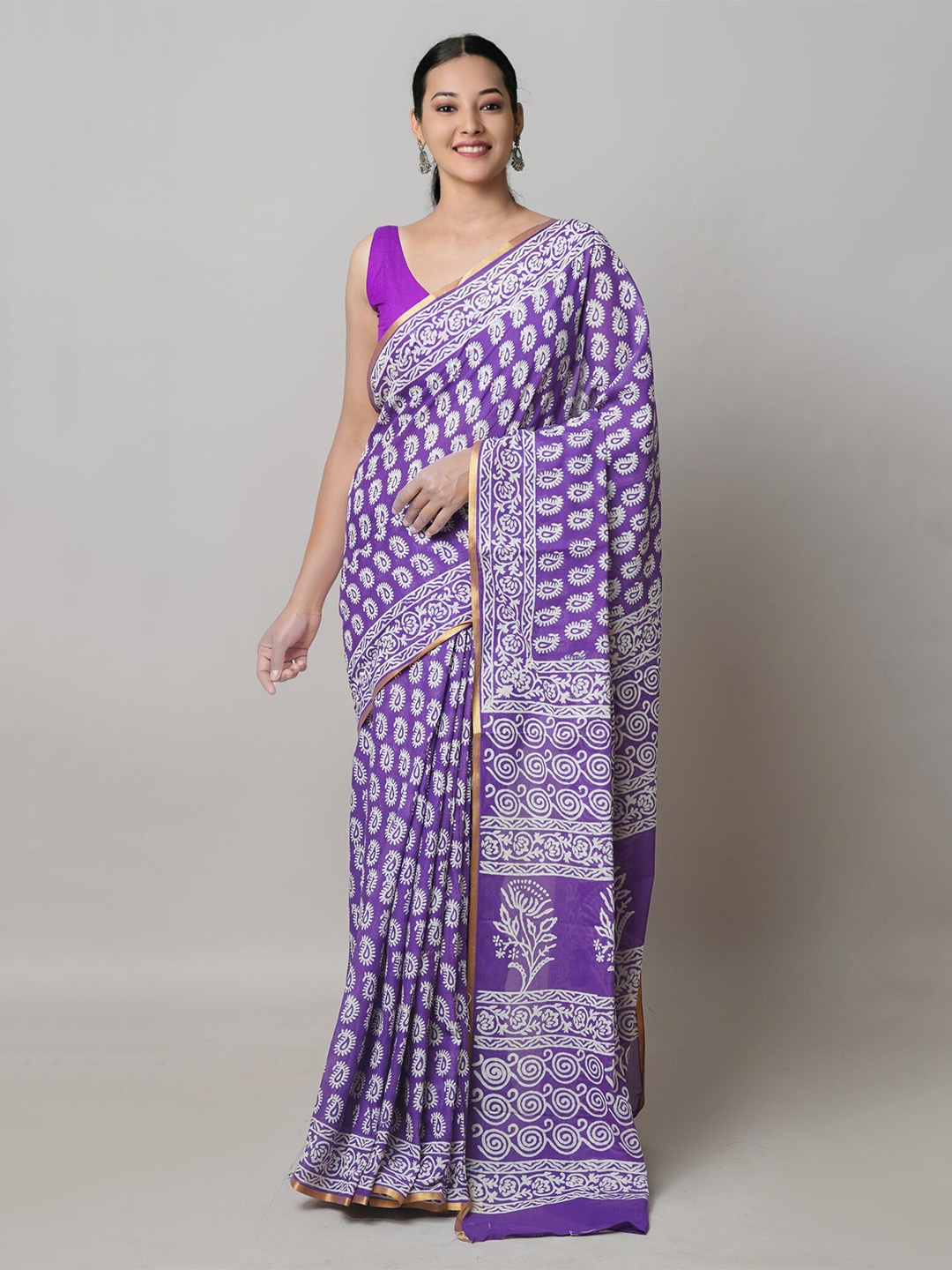 

Unnati Silks Ethnic Motifs Block Printed Pure Cotton Saree, Violet
