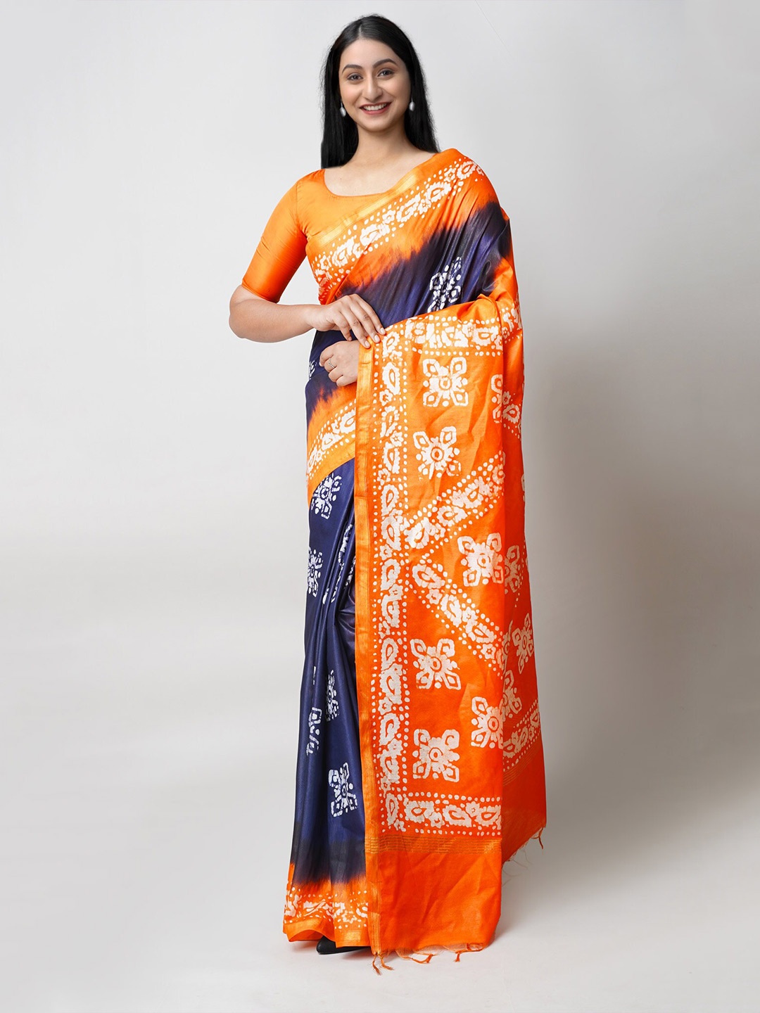 

Unnati Silks Batik Printed Silk Cotton Chanderi Saree, Blue