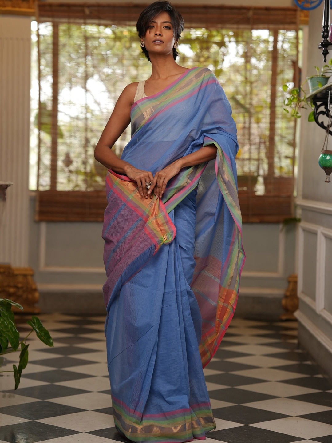 

Unnati Silks Striped Zari Pure Cotton Mangalagiri Saree, Blue