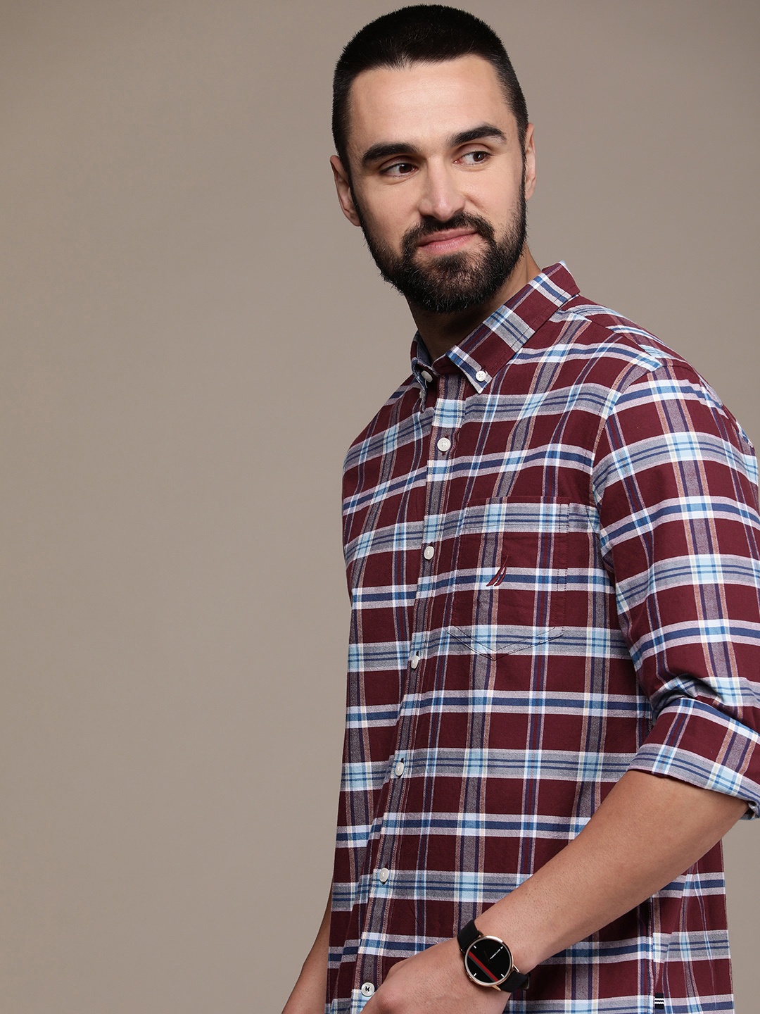 

Nautica Slim Fit Checked Casual Shirt, Maroon