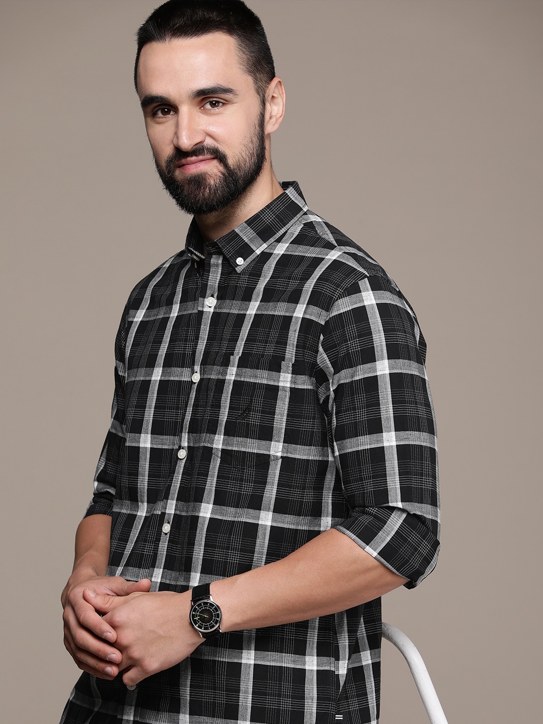 

Nautica Slim Fit Opaque Checked Pure Cotton Casual Shirt, Black