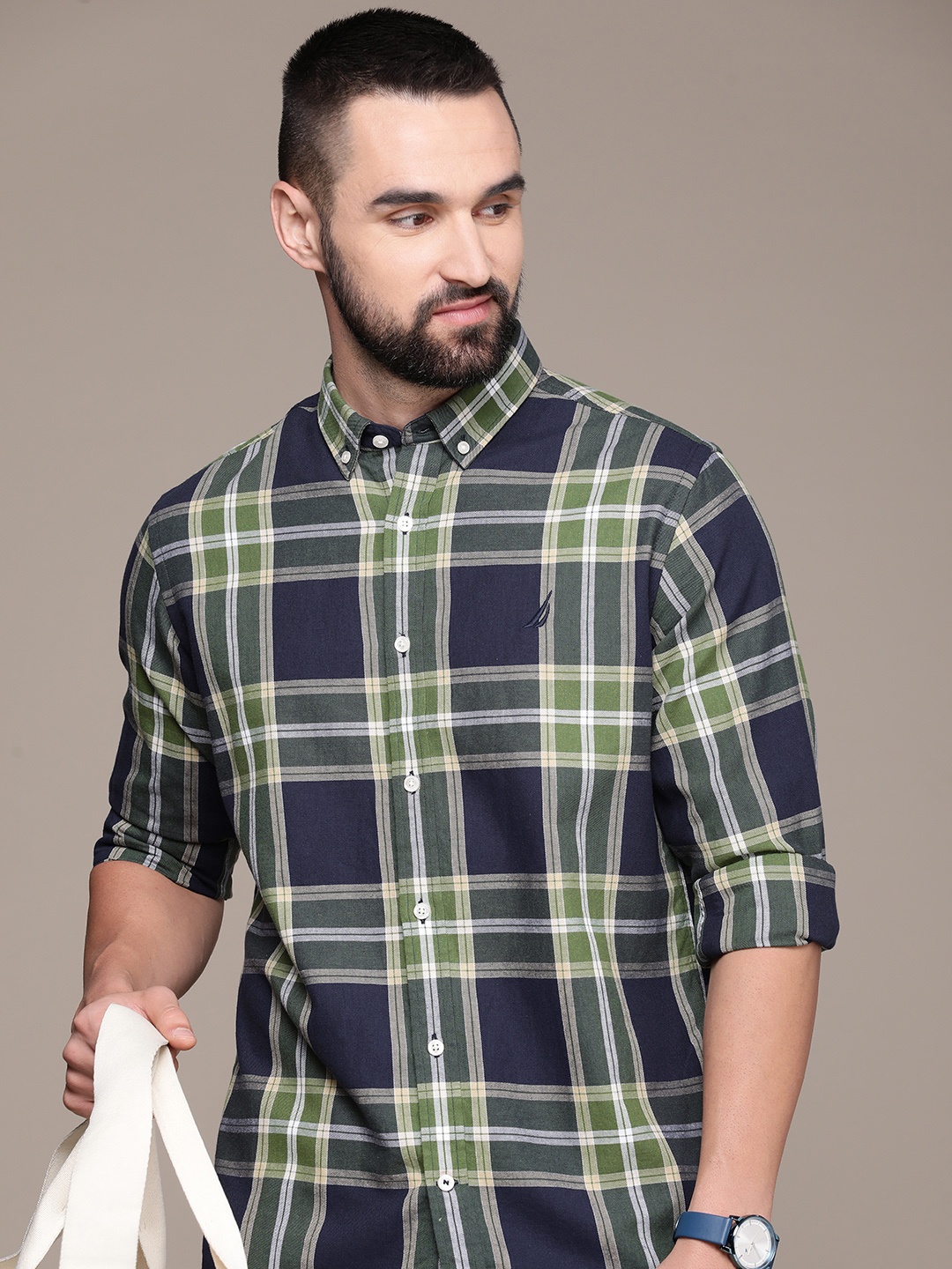 

Nautica Pure Cotton Classic Fit Checked Casual Shirt, Navy blue