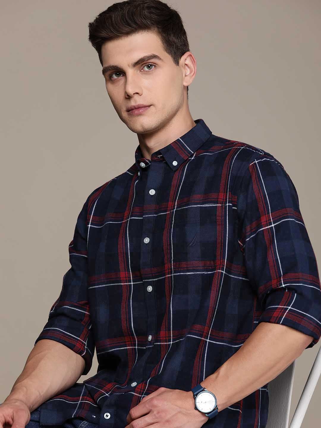 

Nautica Pure Cotton Classic Fit Opaque Checked Casual Shirt, Navy blue