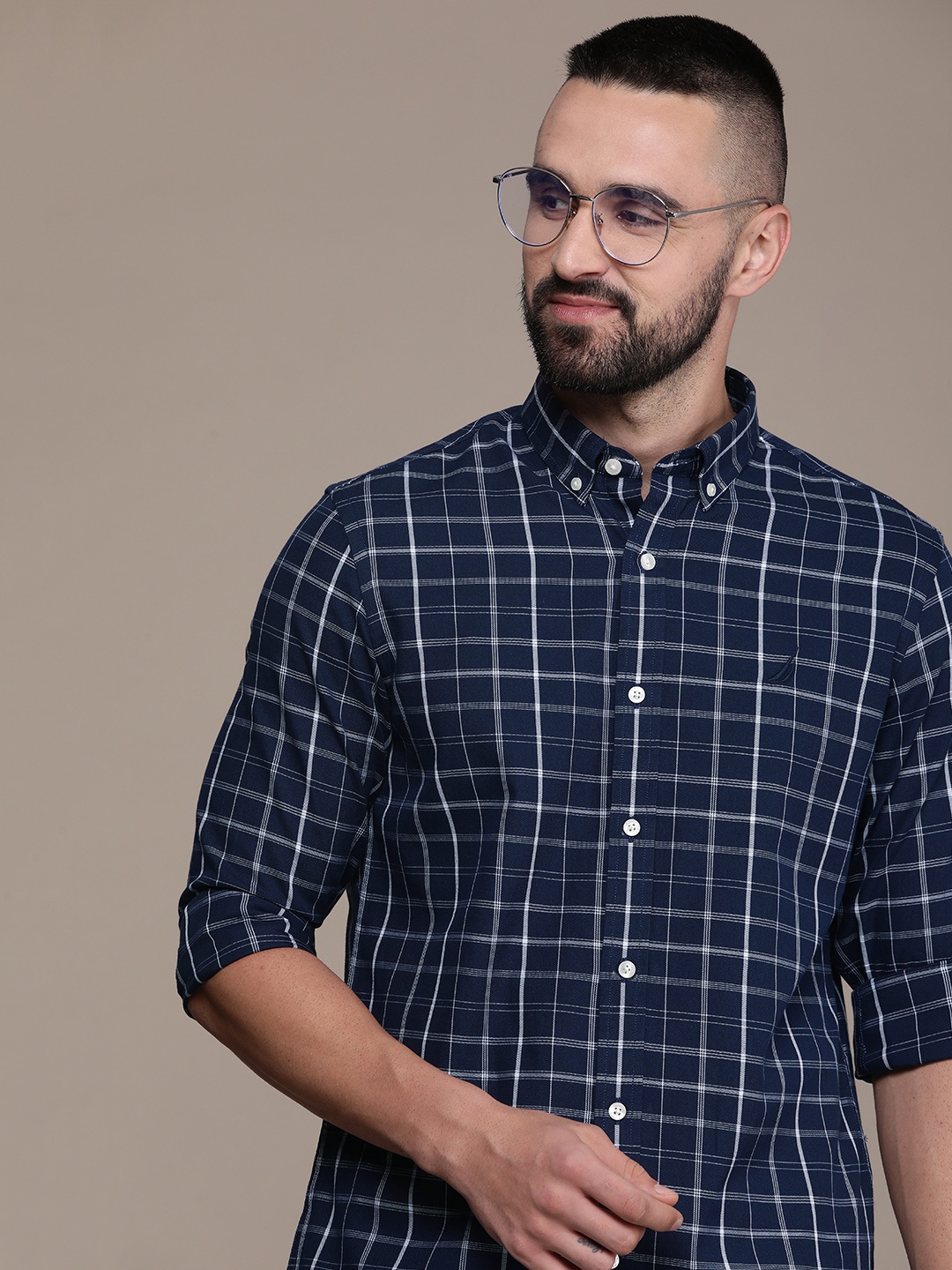 

Nautica Men Pure Cotton Slim Fit Tartan Checks Casual Shirt, Navy blue