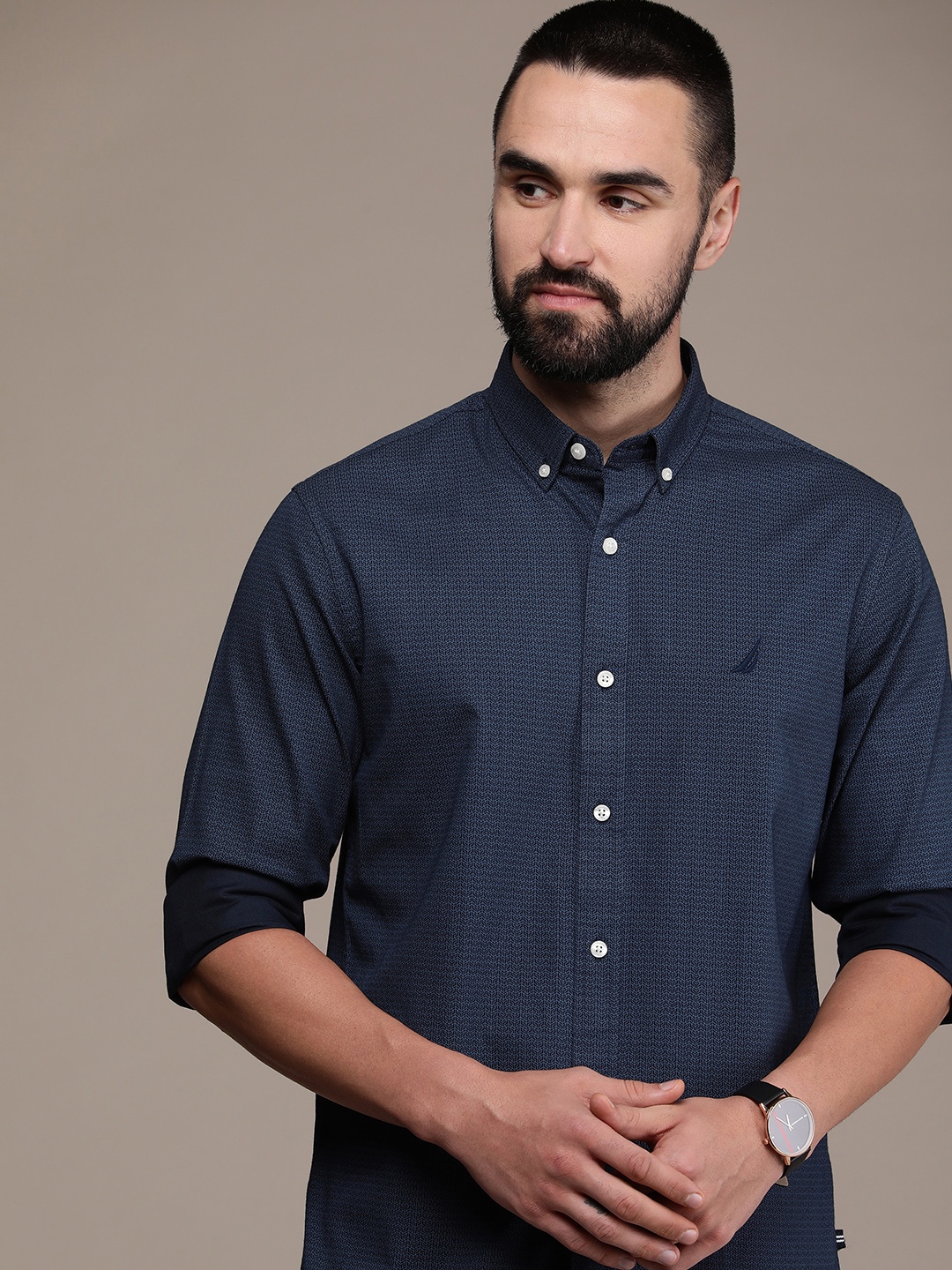 

Nautica Pure Cotton Slim Fit Geometric Printed Casual Shirt, Navy blue