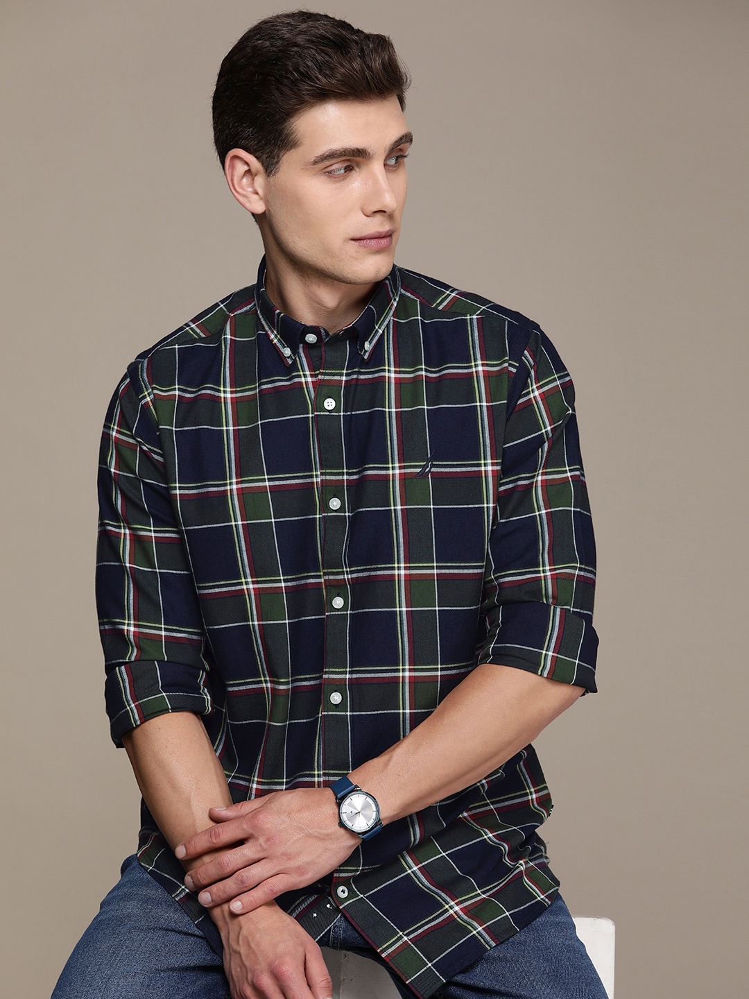 

Nautica Pure Cotton Classic Fit Opaque Checked Casual Shirt, Navy blue