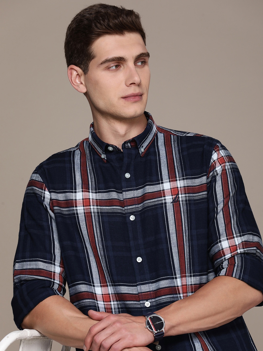 

Nautica Pure Cotton Classic Opaque Checked Casual Shirt, Navy blue