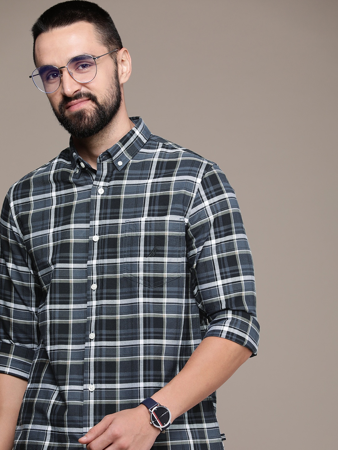 

Nautica Slim Fit Opaque Checked Pure Cotton Casual Shirt, Navy blue