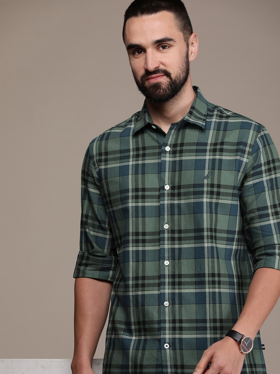 

Nautica Pure Cotton Slim Fit Checked Casual Shirt, Green