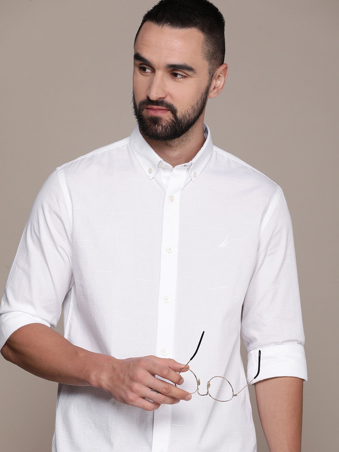 

Nautica Pure Cotton Slim Fit Striped Casual Shirt, White