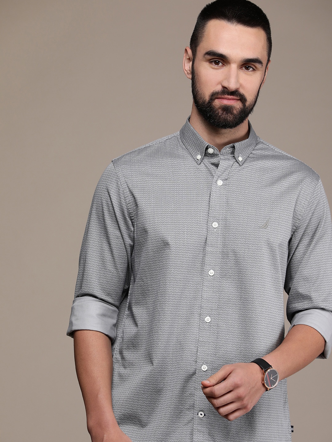 

Nautica Pure Cotton Slim Fit Geometric Printed Casual Shirt, Grey