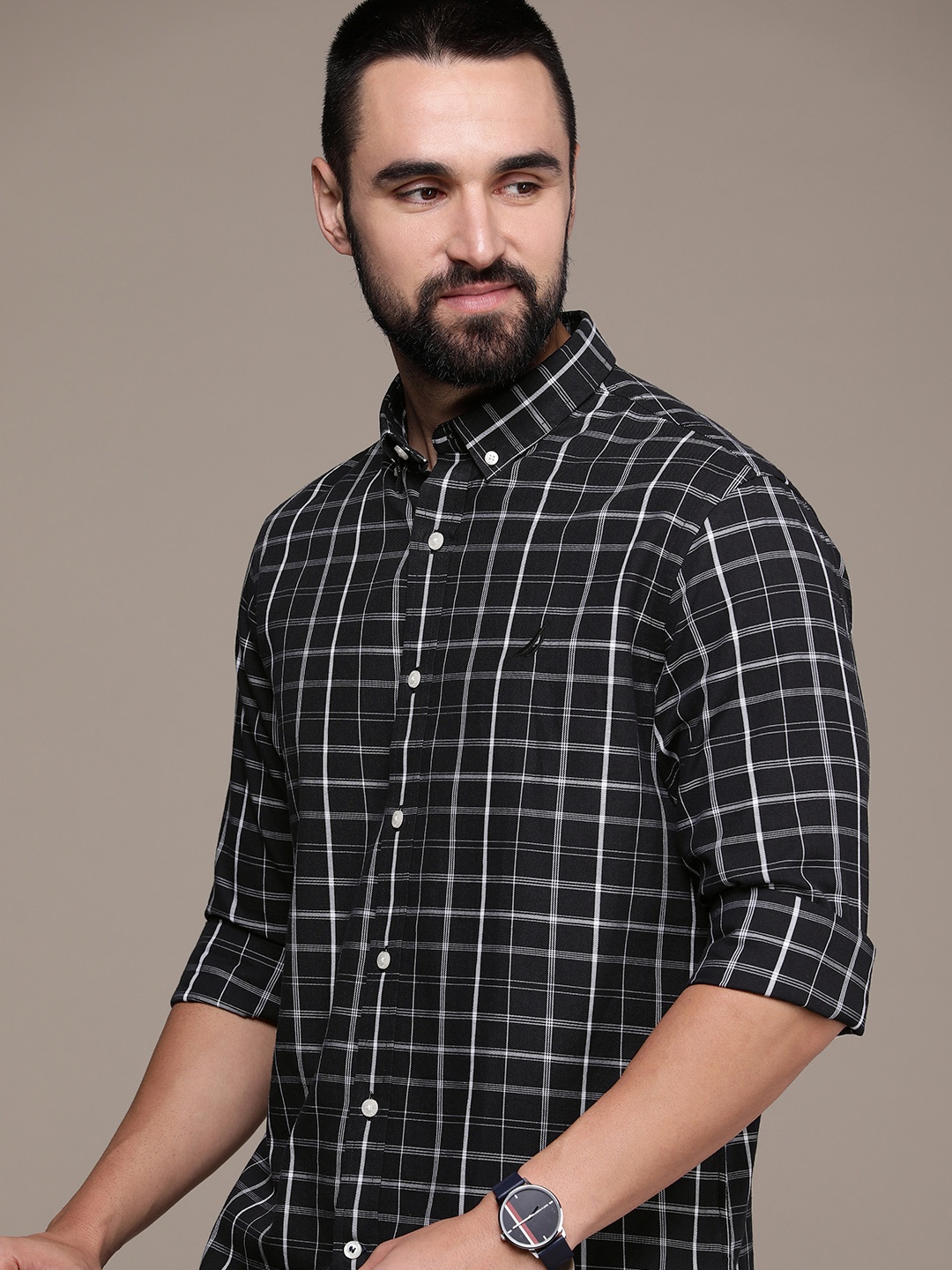 

Nautica Men Pure Cotton Slim Fit Tartan Checks Casual Shirt, Black