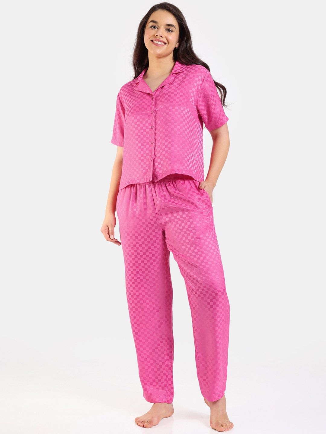 

Zivame Checked Lapel Collar Night suit, Pink