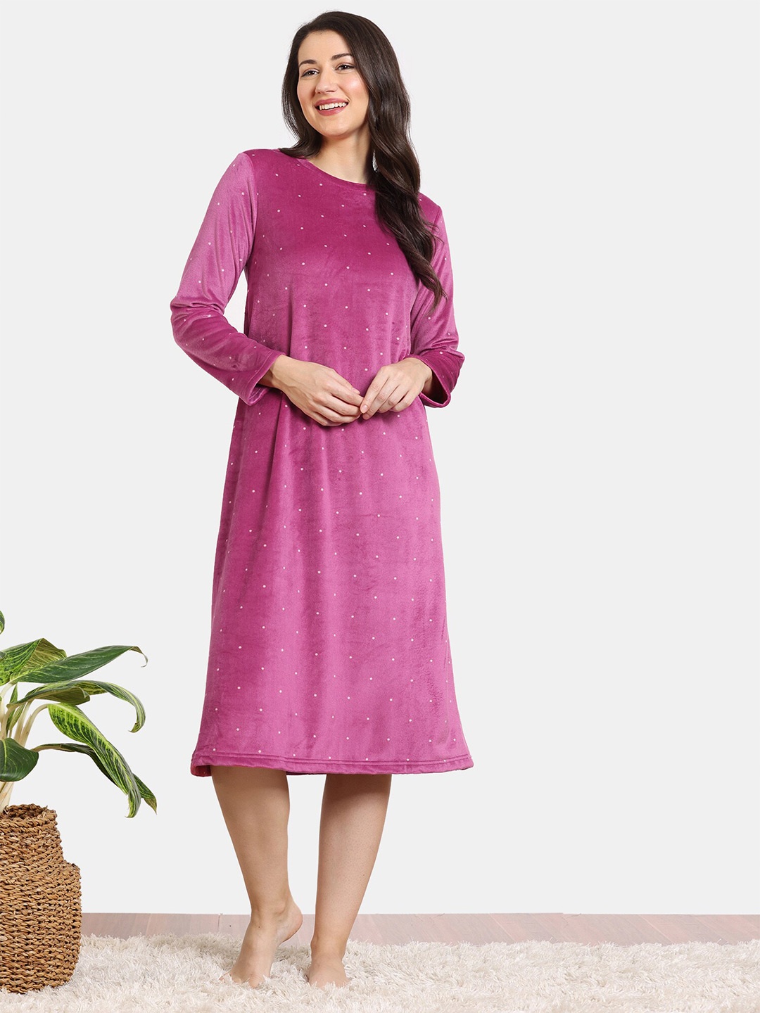 

Zivame Polka Dots Printed Midi Nightdress, Purple