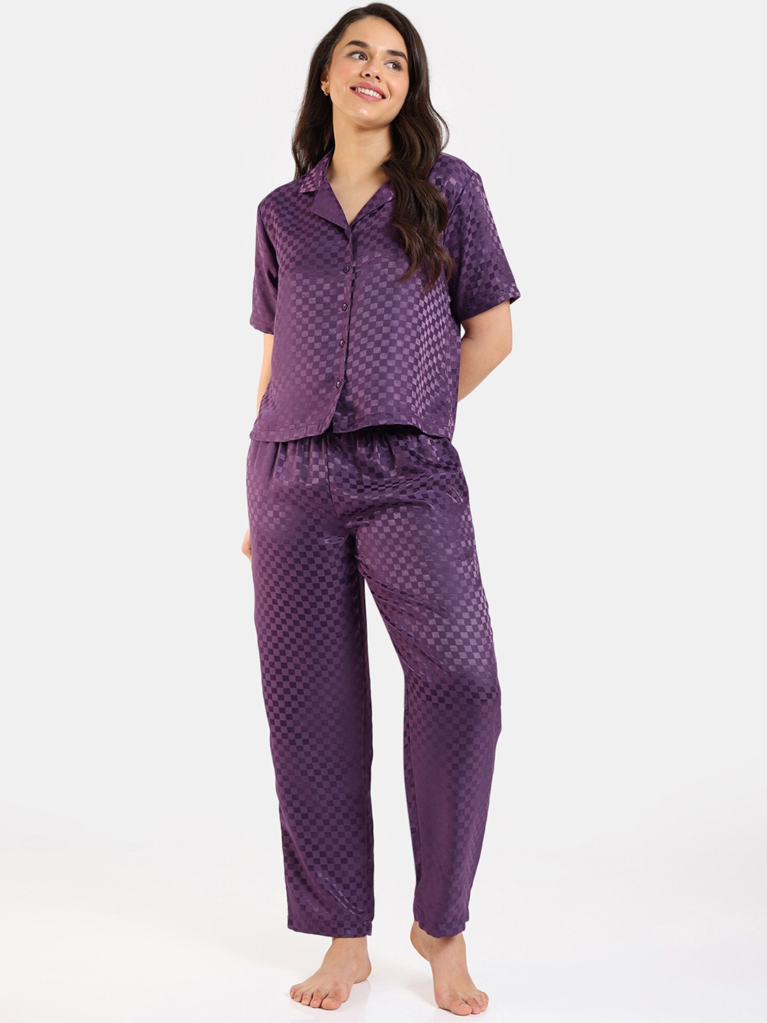 

Zivame Checked Lapel Collar Night suit, Purple