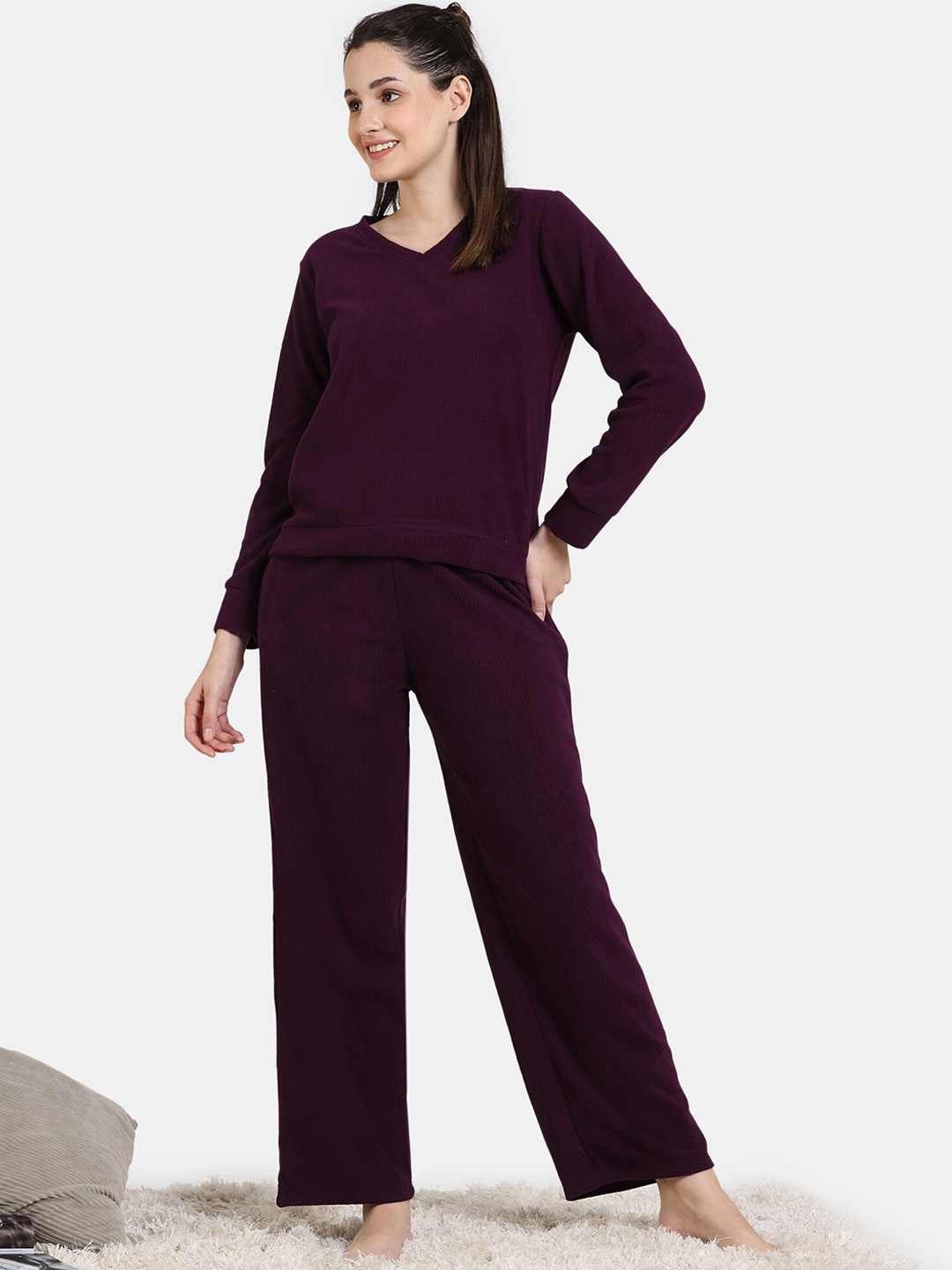 

Zivame V-Neck Long Sleeved Night suit, Purple