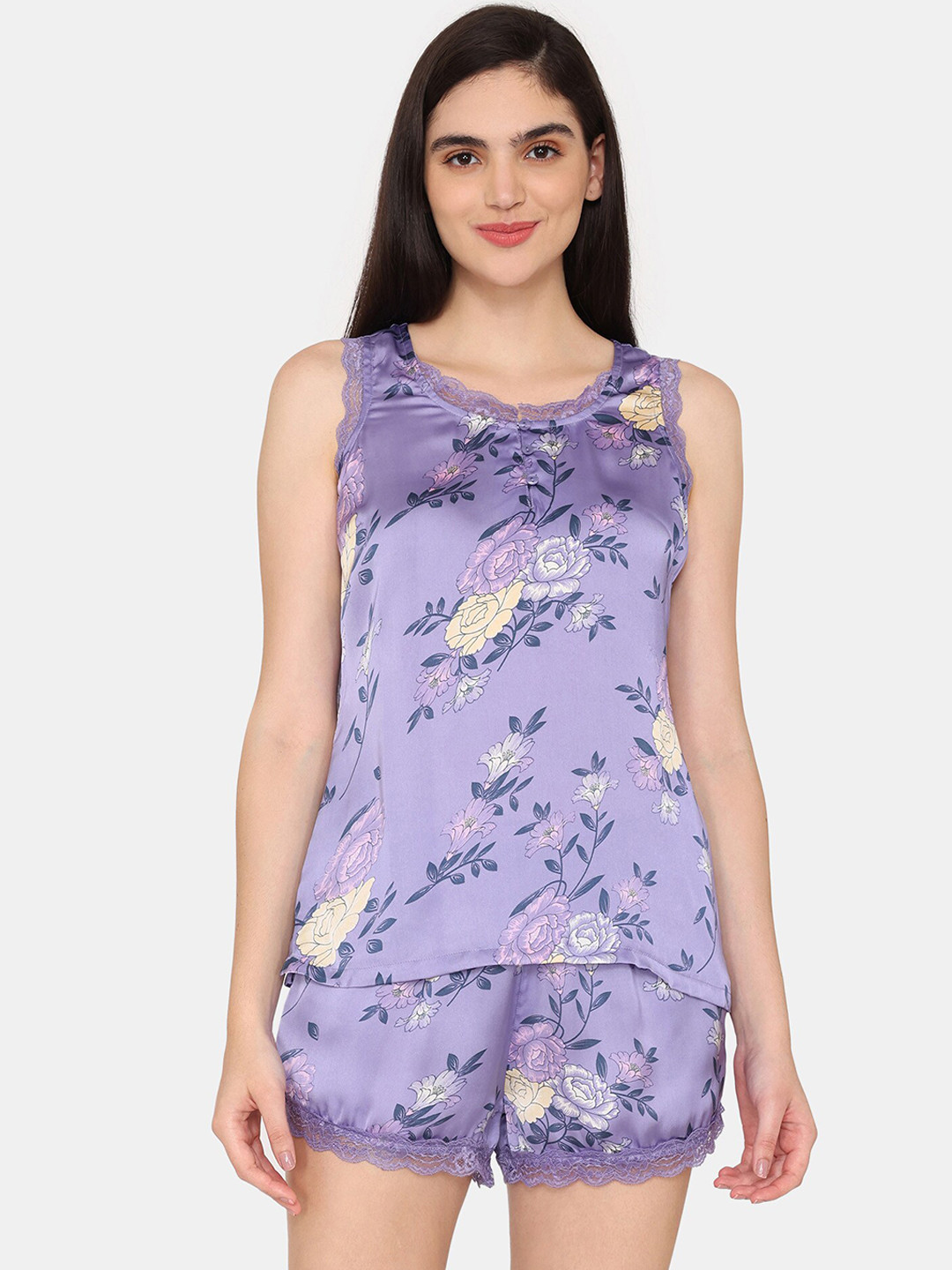 

Zivame Floral Printed Sleeveless Night suit, Purple