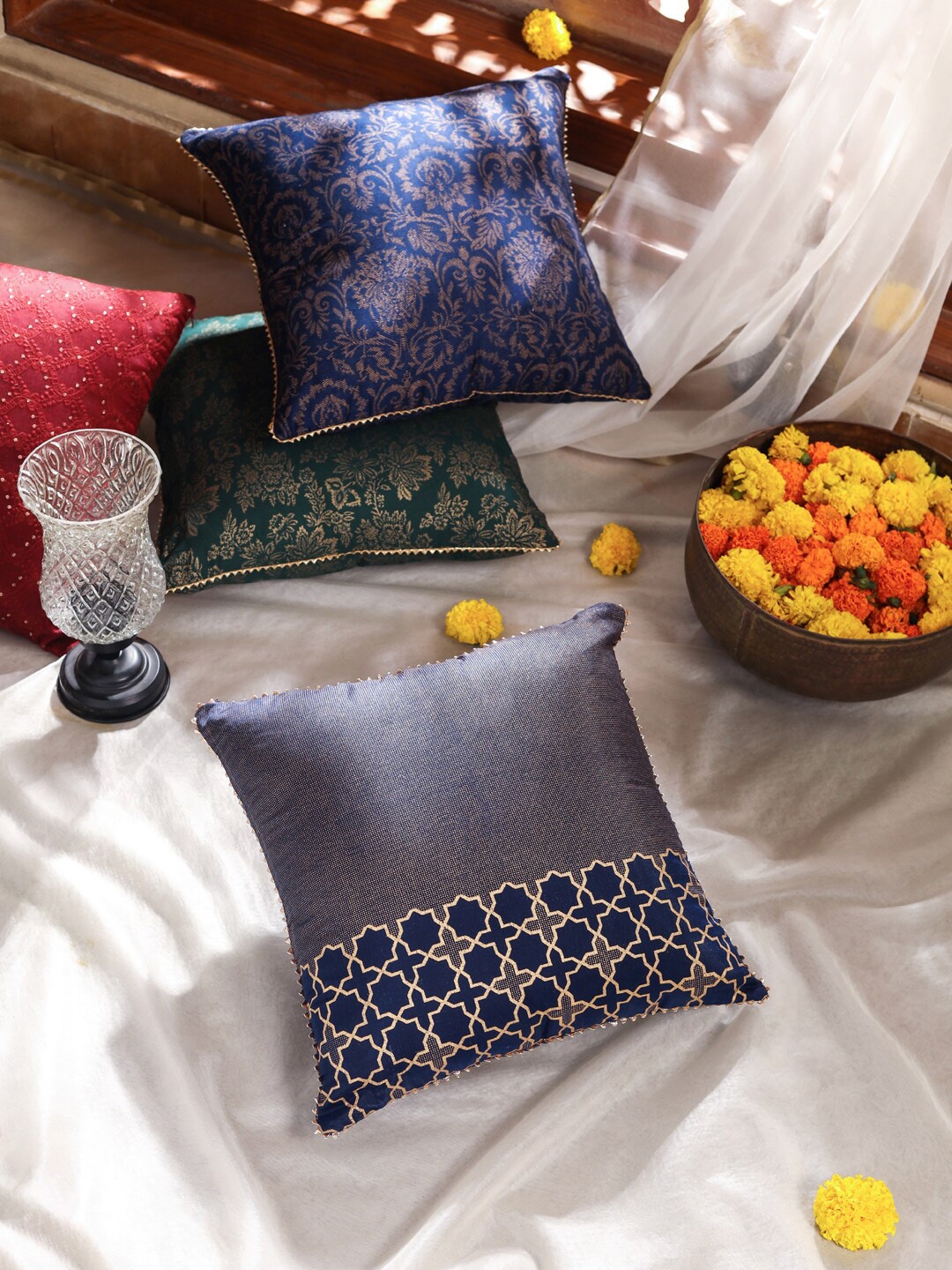 

House of Pataudi Ethnic Motifs Self Design Square Cushion Covers, Navy blue