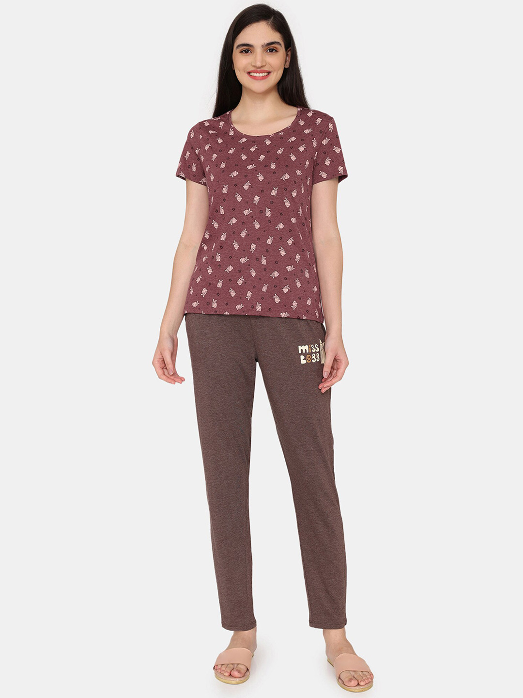 

Rosaline by Zivame Conversational Printed Night suit, Brown