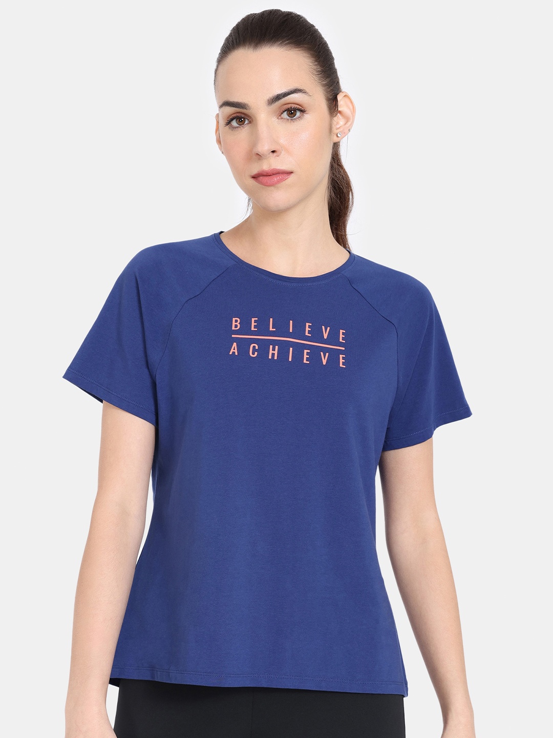 

Zelocity by Zivame Typography Printed Raglan Sleeves Sports T-Shirt, Blue