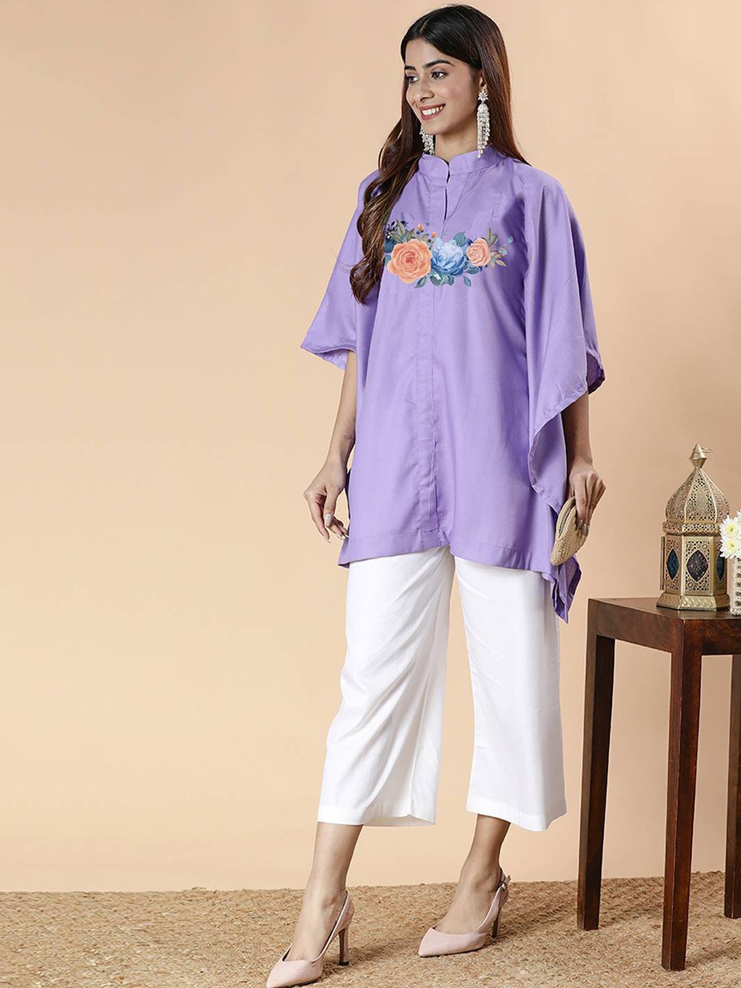 

LetsDressUp Floral Printed Mandarin Collar Flared Sleeves Kaftan Kurti, Lavender