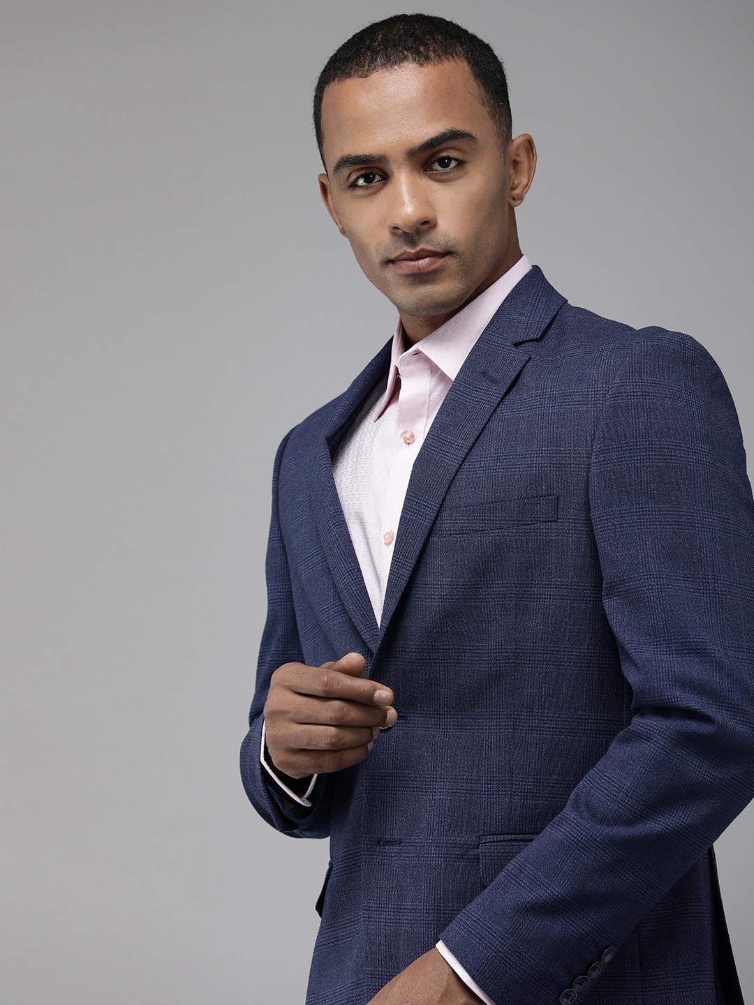 

Van Heusen Men Checked Slim Fit Single-Breasted Formal Blazer, Navy blue