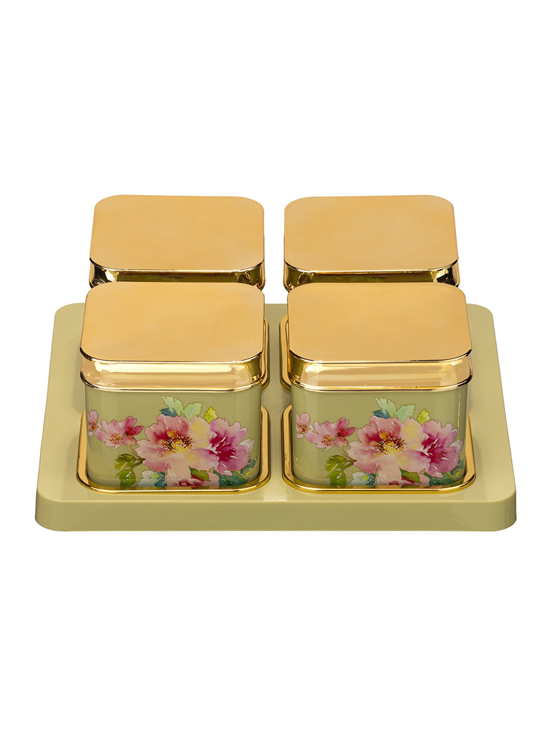 

SELVEL Green 4 Pieces Floral Printed BPA Free Dry Fruit Containers with Tray