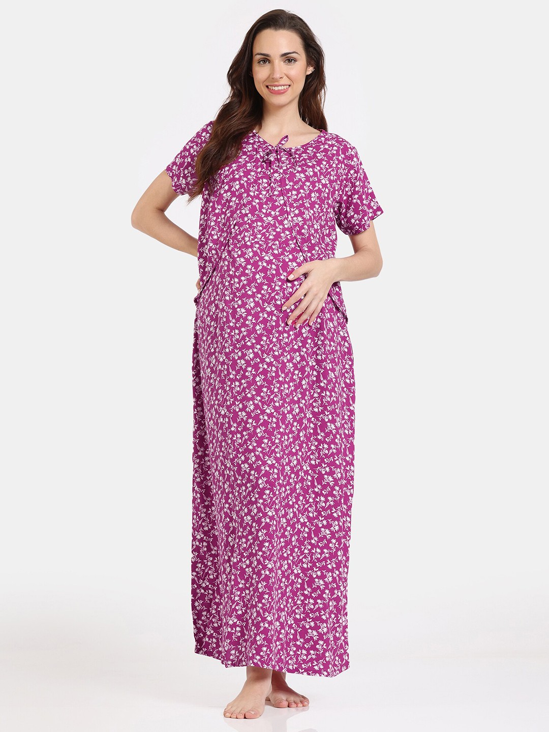 

Coucou by Zivame Floral Printed Tie Up Neck Maternity Maxi Nightdress, Purple